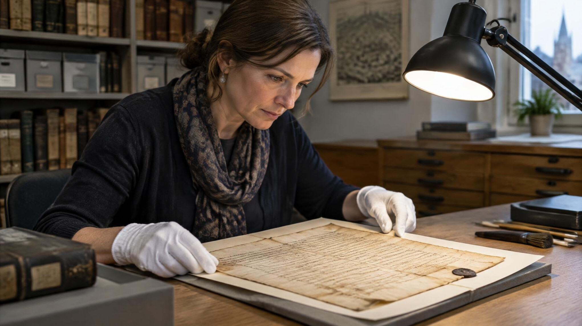 Curator examining a historical document with gloves