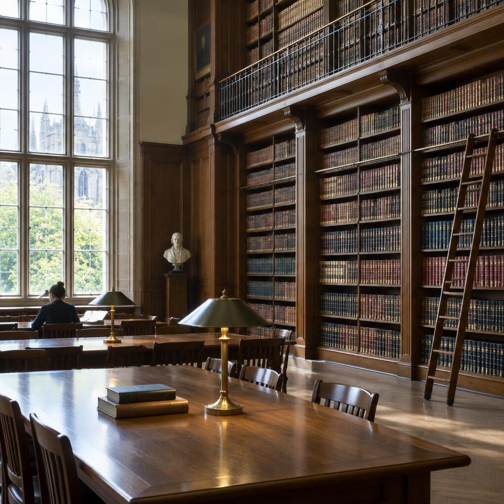 Archive reading room with wooden shelving