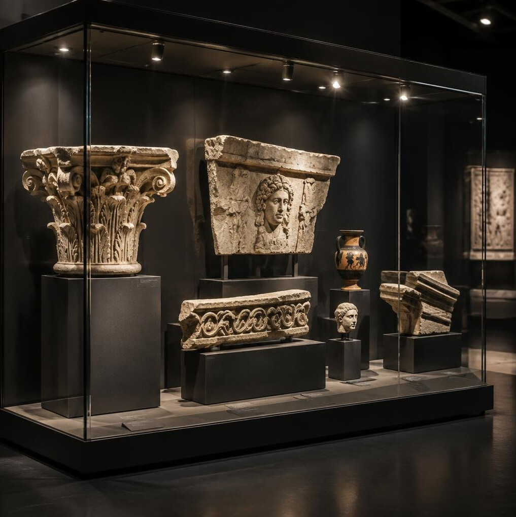 Museum display case with historical artifacts